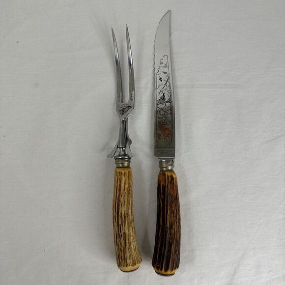 Solingen Germany Stainless Stag Antler Handle Etched Carving Knife Serving Fork - Picture 1 of 12